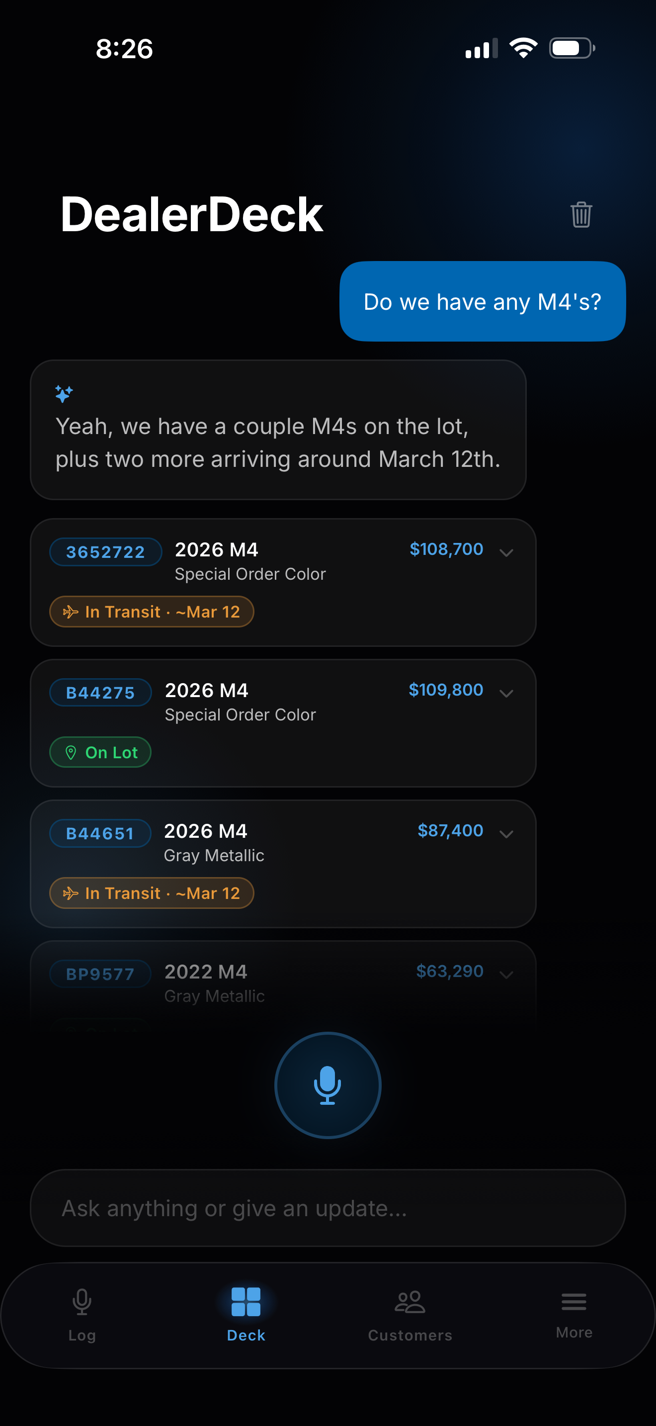 DealerDeck home screen — voice query prompts