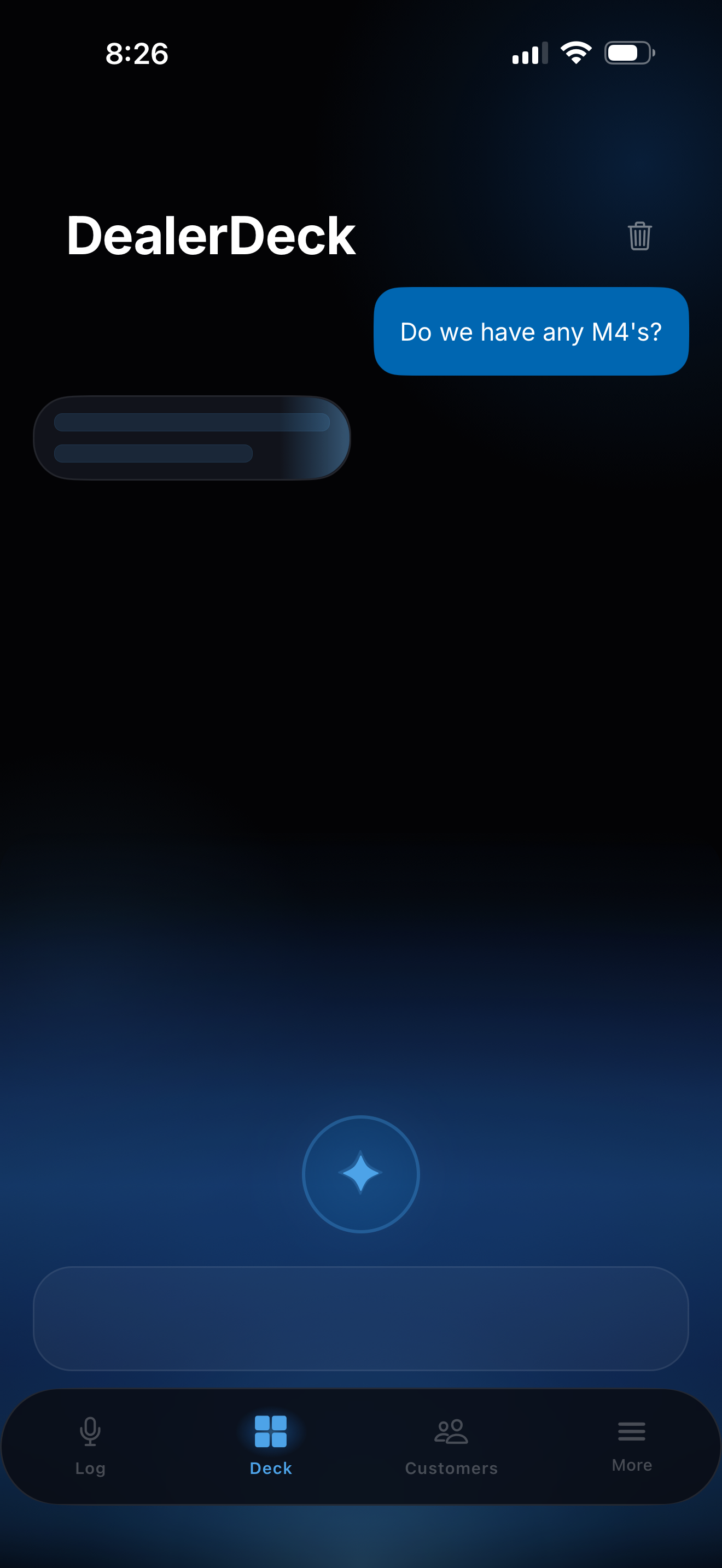DealerDeck chat interface showing inventory query